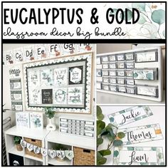 several different pictures with the words eucalyptus and gold written on them in black and white