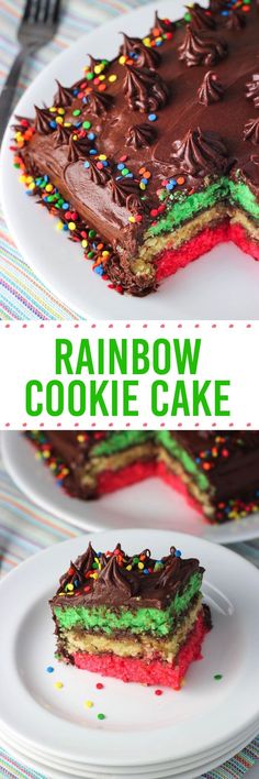 a rainbow cake with chocolate frosting and sprinkles on the top is sitting on a white plate