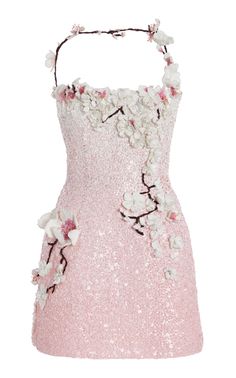 Oscar de la Renta - Sequined Mini Dress - Pink - US 14 - Only At Moda Operandi Classy Dress Aesthetic, Pink Dress With Gloves, Haute Couture Mini Dress, Fancy Mini Dresses, Ariana Character, Enchanted Night Dress To Impress, White And Pink Outfit, Pink Birthday Outfit, Iconic Red Carpet Looks