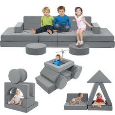 three children sitting on top of a couch with different angles and shapes around them,