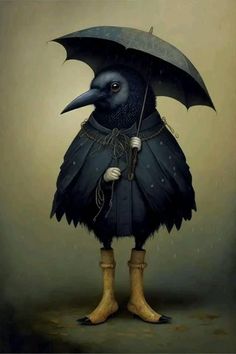 a painting of a black bird holding an umbrella