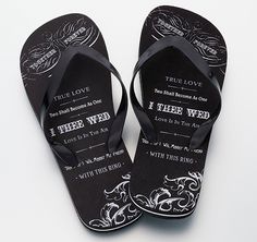 Slip a pair of these stylish True Love Men's Flip Flops into the honeymoon bag. They could even be worn for a beach wedding. The bottom of each flip flop sandal leaves a "Just Married!" impression in the sand. The beautiful artwork and wedding words such as "I Thee Wed", "Together Forever" and "With This Ring" make a perfect gift for the groom. Also available in True Love Women's Flip Flops. Honeymoon Bag, Stylish Flip Flops, Bridal Flip Flops, Wedding Flip Flops, Beach Wedding Favors, Wedding Crown, The Groom