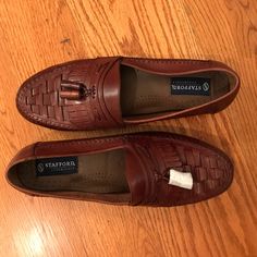 This Classic Stafford Slip-On Has A Comfortable Cushioned Insole With Good Arch Support, Topstitching Along The Sides And Kilt Tassel Detail Atop The Woven Leather Toe Area. All Leather Upper, Manmade Sole, Nwot Size 12 #Petfree #Smokefree Casual Tassel Loafers With Branded Insole, Casual Slip-on Tassel Loafers With Closed Toe, Brown Casual Tassel Loafers With Almond Toe, Casual Wingtip Moccasins For Spring, Casual Spring Wingtip Moccasins, Casual Tassel Loafers With Brogue Detailing, Casual Brown Wingtip Tassel Loafers, Casual Almond Toe Tassel Loafers For Business Casual, Casual Slip-on Tassel Loafers For Business