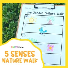 a clipboard with the words five sense nature walk written on it