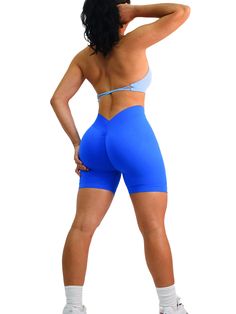 Description: Look on-trend during your workout with these Seamless V-Back Booty Shorts. Featuring a trendy butt scrunch and V-back waistband, these shorts guarantee the ideal fit for any body type. All of our leggings are made out of high quality nylon and spandex. Expect VERY comfortable, soft, and breathable fabric on your skin. Unlike cheap polyester leggings, these leggings do not slide down as you move and instead forms your figure all day. From shopping, working, going to classes and worki High Waist Seamless Gym Shorts, Blue Squat Proof Athletic Shorts, Squat Proof Blue Athletic Shorts, Seamless High-waisted Shorts For Gym, Seamless High-waisted Gym Shorts, High Waist Seamless Workout Shorts, Blue Squat-proof Shorts, Stretch Workout Shorts With Seamless Construction, Blue Seamless Activewear Shorts