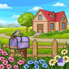 a bird is sitting on top of a mailbox in front of a house and flowers