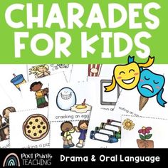 Get up and get moving with this set of charades for kids cards that's just perfect for first, second, third, and fourth grades.  Your students will love learning the two ways to play charades that help them to develop oral language skills and build confidence in a group.  This charades pack is: not themed and great for any season!Included in this charades for kids pack are:Teaching Instructions (step-by-step instructions for two classroom versions of CHARADES)2 scorekeeping cards24 full-color ca Preschool Charades, Charades For Kids, Drama For Kids, Charades Cards, Language Arts Centers, First Second Third, Packing Kids, Love Learning, Speaking Skills