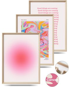 three framed art prints with pink and blue swirls