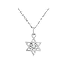 Faithfully display your beliefs wearing this diamond necklace. A round-cut diamond set in a Star of David pendant makes this 10k white gold necklace eye-catching. Comes in a gift box. Click on this JEWELRY & WATCHES GUIDE to learn about fit, styles, materials and more!PENDANT DETAILS Pendant length: .68 in. Chain length: 18 in. Clasp: spring-ring Metal: 10k white gold DIAMOND DETAILS Total weight: less than 1/10 ct. Cut: round Color grade: H-I Clarity: I1-I2 Setting: prong Image(s) may be enlarg Formal White Gold Star Of David Necklace, White Gold Diamond Necklace With Star Of David, Star Of David Necklace With Single Cut Diamonds, Fine Jewelry Diamond Necklace With Star Of David, Silver Star Of David Pendant In 14k Gold, Star Of David Pendant, White Gold Necklaces, Star Of David, Gold Stars