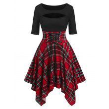 [36% OFF] 2022 Plus Size Vintage Dress Plaid Print Dress Cut Out Lace Up Handkerchief Hem Half Sleeve High Waisted Casual Dress In RED | DressLily