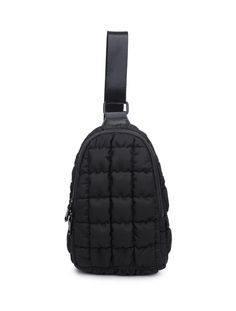 a small black backpack with a zipper on the front and straps hanging down from it