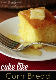 a piece of cornbread cake on a plate with a fork