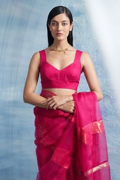 Fuchsia pink saree with stripe border woven motifs. Paired with sleeveless blouse. - Aza Fashions Pink Sleeveless Pre-draped Saree For Diwali, Pink Saree, Fuchsia Pink, Sweetheart Neck, Sarees Online, Aza Fashion, Sleeveless Blouse, Blouses For Women, Saree