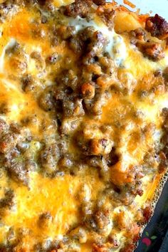 a cheesy casserole with meat and cheese