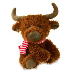 a brown stuffed animal with horns and a red striped scarf on it's neck