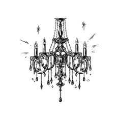 a drawing of a chandelier hanging from the ceiling with candles and stars around it