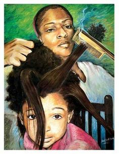 a drawing of two women brushing their hair with an electric brush on top of one woman's head