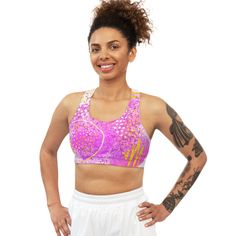 This custom sports bra is made to keep you stylishly comfy and well supported during peak performance. Made with 82% Microfiber Polyester and 18% Spandex, these bras strike the perfect balance between softness and stretchiness. The durable fabric delivers medium support while your custom ideas can cover the entire surface of the bra, making it a highly unique item for sports enthusiasts. .: Soft to the touch .: Runs true to size .: Material: 82% Microfiber Polyester 18% Spandex .: Durable and stretchy fabric (7.5 oz /yd² (250 g/m .: Assembled in the USA from globally sourced parts Sports Bra With Built-in Bra For Sports Events, Pink Athletic Fit Sports Bra, Sweat Resistant, Pink Sports Bra For Running, Athletic Fit, Pink Athletic Fit Sports Bra For Running, Pink Breathable Sports Bra For Sports Events, Pink Racerback Sports Bra With Athletic Fit, Pink Breathable Sports Bra, Pink Athletic Fit Racerback Sports Bra, Functional Pink Sports Bra For Sports Events