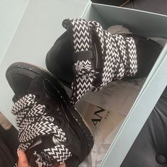 Hat Brand New Shoes Worn Once For An Hour Lanvin Black Sneakers, Lanvin Curb Sneaker Black, Black Canvas Outfit Women, Shoe Inspo 2024, Shoes With Big Laces, Black Lanvin Sneakers, Lavin Shoes, Designer Tennis Shoes, Black Designer Shoes