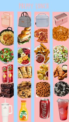 a collage of different foods and drinks on a pink background