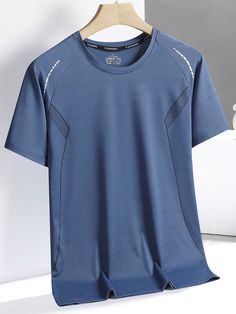 Dusty Blue  Collar Short Sleeve Knitted Fabric Plain  Embellished High Stretch  Men Activewear Mens Active Wear, Summer Sportswear, Sports Wear Fashion, Men Activewear, Free T Shirt Design, Silk T Shirt, Men's Activewear, Mens Pants Fashion