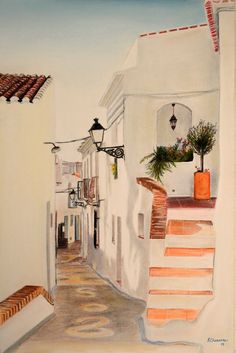 a painting of an alleyway with stairs and potted plants on the ledges