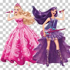 two barbie dolls are dressed in pink and purple dresses, one is holding a microphone