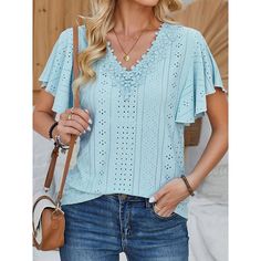 Season:Summer; Sleeve Length:Short Sleeve; Gender:Women's; Elasticity:Micro-elastic; Tops Type:Lace Shirt; Fit Type:Form Fit; Design:Lace; Neckline:Crew Neck; Sleeve Type:Flutter Sleeve; Front page:FF; Listing Date:04/08/2024 Women's Blouses, Lace Neckline, Women Shirts Blouse, Lace Shirt, Sleeves (women), Women Lace, Summer 2024, Black Shorts, Flutter Sleeve