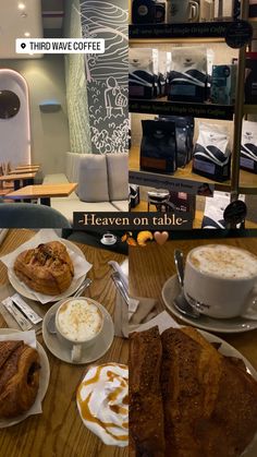 a table topped with plates of food and cups of coffee next to eachother