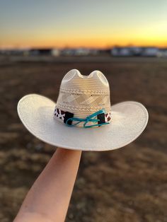 This beaded hat band will bring to your western look. Featuring bright, intricate beading, this hat band will bring a pop of color and texture to your wardrobe. Make a statement with this unique accessory. - The Beaded Portion of the hat band is 21 inches - The leather adds a extra 10.5 inches. The leather ties makes the hat band adjustable to your own hat. They will be black ties not turquoise in the picture. (Hat is not included) I do the Beaded work and my boyfriend does the leather work of t Bohemian Fitted Hat Bands For Vacation, Adjustable Hat For Kentucky Derby, White Southwestern Hat For Country Events, Adjustable White Straw Hat For Rodeo, Adjustable One Size Hat For Kentucky Derby, Southern Style Adjustable Hat Bands For Ranch, Adjustable Southern Style Hat Bands For Country Events, White Southwestern Hat For Rodeo, White Southwestern Hat Bands For Summer