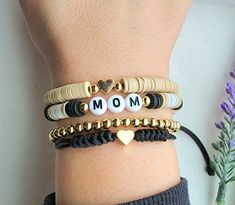 Custom Clay Bracelets, Mom Heishi Bracelet, Stacked Clay Bead Bracelets, Clay Bead Bracelet Ideas With Gold Beads, Clay Bead Bracelet Ideas Mama, Etsy Bracelet Ideas, Clay Bead Bracelets For Moms, Clay Bead Bracelet Ideas Initial, Clay Bead Bracelet Ideas Adults