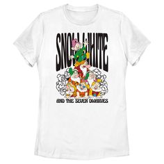 Step into a world of enchantment with the Women's Snow White and the Seven Dwarves Dwarf Group Logo T-Shirt. This officially licensed Disney tee captures the charm and whimsy of the beloved fairy tale with its vibrant graphic featuring Bashful, Doc, Dopey, Grumpy, Happy, Sleepy, and Sneezy arranged in an eye-catching pyramid formation. The iconic movie logo is prominently displayed, adding a touch of cinematic magic to your wardrobe.

- Material: Cotton blend for comfort and durability
- Color: White Pre-shrunk Fandom T-shirt, White Disney Crew Neck T-shirt, White T-shirt With Character Print For Disney Fan Events, Disney White Pre-shrunk T-shirt, White Pre-shrunk Disney T-shirt, White Pre-shrunk T-shirt For Disney Fan Events, White Fandom Sublimation Print Tops, White Fandom Top With Sublimation Print, White Fandom Tops With Sublimation Print