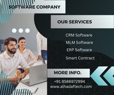 two people sitting at a table with laptops in front of them and the words, software company our services crm software mlm software erp software smart