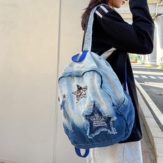 The size: 32cmx40cmx14cm [23y 8m 18d] Trendy Denim Shoulder Bag For School, Denim Blue School Bag For Summer, Summer School Denim Blue Bag, Back-to-school Denim Blue Backpack, Casual Blue Student Backpack, Large Capacity Denim Blue School Bag, Trendy Denim Backpack With Zipper Closure, Trendy Blue Backpack For Daily Use, Back To School Denim Bag With Zipper Closure