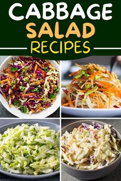 cabbage salad recipe collage with four pictures and text overlay that reads cabbage salad recipes