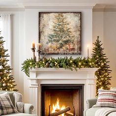 a living room filled with furniture and a fire place covered in christmas tree garlands