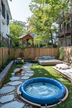 an outdoor hot tub in the middle of a yard