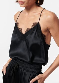 V-neckline with delicate french lace trim Racerback Unlined Silk Camisole Top, Cami Nyc, White Cami, Black Camisole, The Perfect Day, Lace Neckline, Black Camis, Love Clothing, Silk Charmeuse