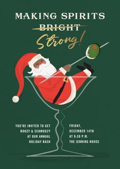 a flyer for a christmas party with santa in a martini glass and the words making spirits bright