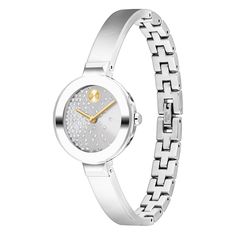 This striking Bold women's watch from Movado showcases a silver Museum crystal dial with a gold-tone dot and hands set in a 28mm stainless steel case topped with a sapphire crystal. The stainless steel bangle-style bracelet includes back sizing links and secures with a jewelry clasp. The watch features a Swiss quartz movement and is water-resistant to 30 meters. Jared Jewelry, Movado Bold, Diamond Fashion Jewelry, Jared The Galleria Of Jewelry, Bangle Watches, Luxe Jewelry, Crystal Bangle, Stainless Steel Bangles, Jewelry Clasps