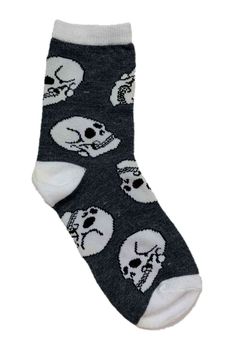 Halloween Crew Sock ~ Size 4-6, Shoe Size 7-10 (Skulls on Gray)   This is for a pair of Halloween themed socks. Style: Skulls on Gray. Size 4-6, Shoe Size 7-10. Images feature white skulls on grey crew socks with white heel-toe. These fun socks are fun, fashionable, warm and cozy, making them perfect for celebrating in style.  Machine wash warm with non-chlorine bleach when needed.  Tumble dry low.  97% Polyester, 3% Spandex Socks With Designs, Emo Socks, Goth Socks, Y2k Socks, Book Outfits, Mcu Dr, Emo 2000s, Clothing Board, Socks Style