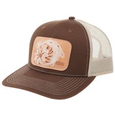 Brown and Tan White Floral Cap Brown Rodeo Hat With Leather Patch, Brown Adjustable Hat With Curved Bill, Brown Adjustable Curved Bill Hat, Brown Country Style Snapback Hat With Flat Bill, Western Brown Hat With Leather Patch, Country Style Brown Baseball Cap With Flat Brim, Brown Country Style Baseball Cap With Curved Brim, Brown Flat Brim Country Baseball Cap, Country Style Brown Flat Brim Baseball Cap