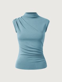 Modern Asymmetrical Solid Color Tops, Elegant Ruched Tops For Layering, Modern Fitted Top With Asymmetrical Hem, Fitted Ruched Top With Asymmetrical Hem, Fitted Ruched Tops With Asymmetrical Hem, Asymmetrical Ruched Fitted Top, Ruched Fitted Asymmetrical Top, Fitted Asymmetrical Ruched Top, Chic Funnel Neck Top With High Stretch