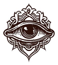 an all seeing eye in the center of a decorative pattern, vintage line drawing or engraving style