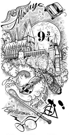 an ink drawing of hogwart's castle with the number 9 on it and harry potter