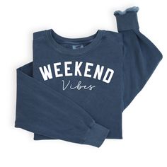 Celebrate the weekend in this stylish crewneck. The perfect sweater for a day out or just snuggle up indoors for some Netflix and chill with your besties. Care instructions: Wash inside out with cold water and like colors. It would be best to hang dry or tumble dry on low. Never use high heat when cleaning these. Handling time: This item will be dispatched 3-5 days after you place your order. In most cases we strive to dispatch within the first 3 days after receiving your order. Shipping: Estimated delivery times: Canada: 3-14 business days United States: 1-3 weeks Europe and other countries 2-8 weeks This is just an estimated time. Shipping within Canada may be before the estimated delivery time. Shipping to your ETSY Address, Please make sure your address is correct.  We are NOT responsi Trendy Soft-washed French Terry Tops, Cozy Blue Crew Neck Sweatshirt, Cozy Blue Crew Neck Sweats, Trendy Relaxed Fit Soft-washed Hoodie, Trendy Soft-washed Hoodie With Relaxed Fit, Soft-washed Sweater For Loungewear, Trendy Soft-washed Relaxed Fit Hoodie, Trendy Relaxed Fit Crew Neck Sweats, Trendy Tops For Weekend Wear