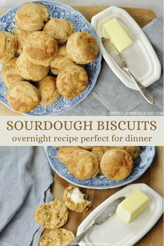 two plates with biscuits and butter on them