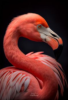 a pink flamingo standing in front of a black background