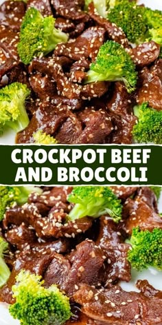 broccoli and beef stir fry on a white plate with text overlay that reads crockpot beef and broccoli