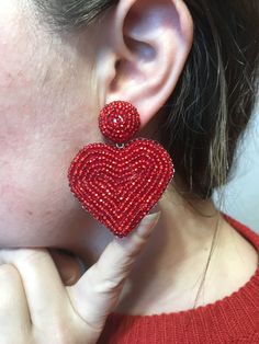 Large Heart earrings, Red pink heart clip on earrings, embroidered beaded Rebecca de Ravenel Statement jewelry, Oversized drop heart clip-on Heart Clip, Rebecca De Ravenel, Best Handmade Gifts, Beaded Heart, Valentines Day Heart, Earrings Heart, Large Heart, Heart Shaped Earrings, Handmade Valentine